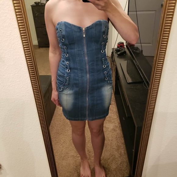 Oh Yes Jeans Denim Front Zip Dress Large - Picture 3 of 8